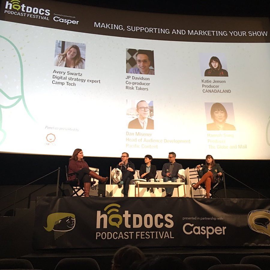 Avery Swartz on stage at the Hot Docs Podcast Festival