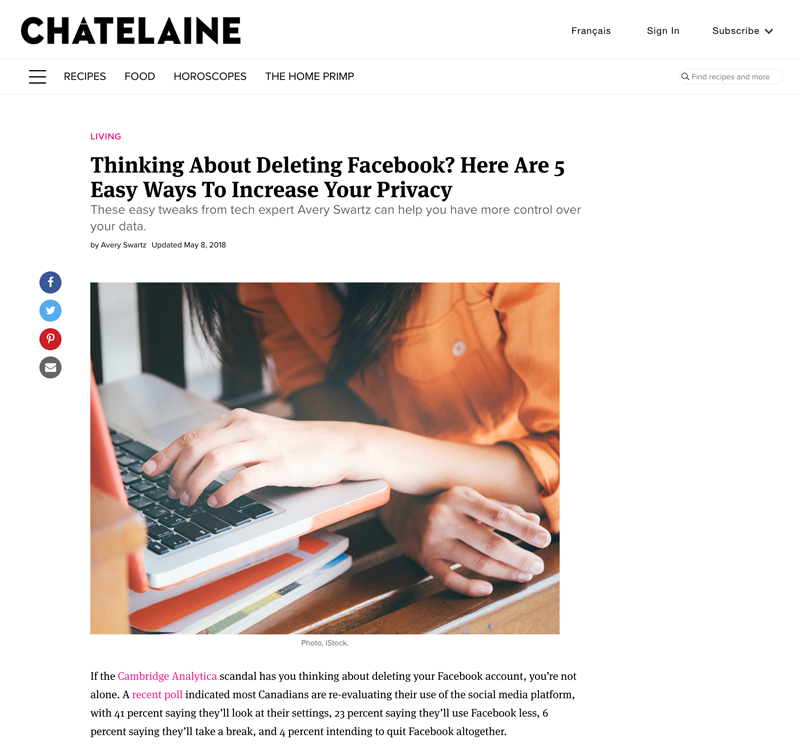 Tech article in Chatelaine magazine written by Avery Swartz