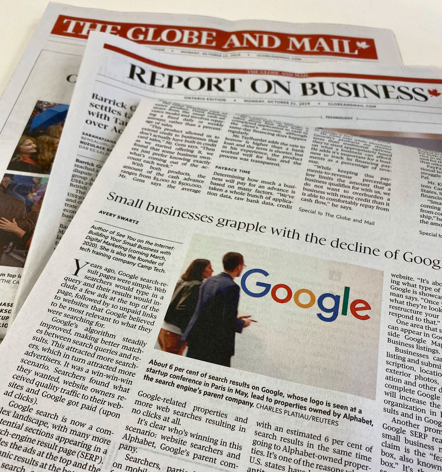 print edition of Globe and Mail newspaper with article by Avery Swartz