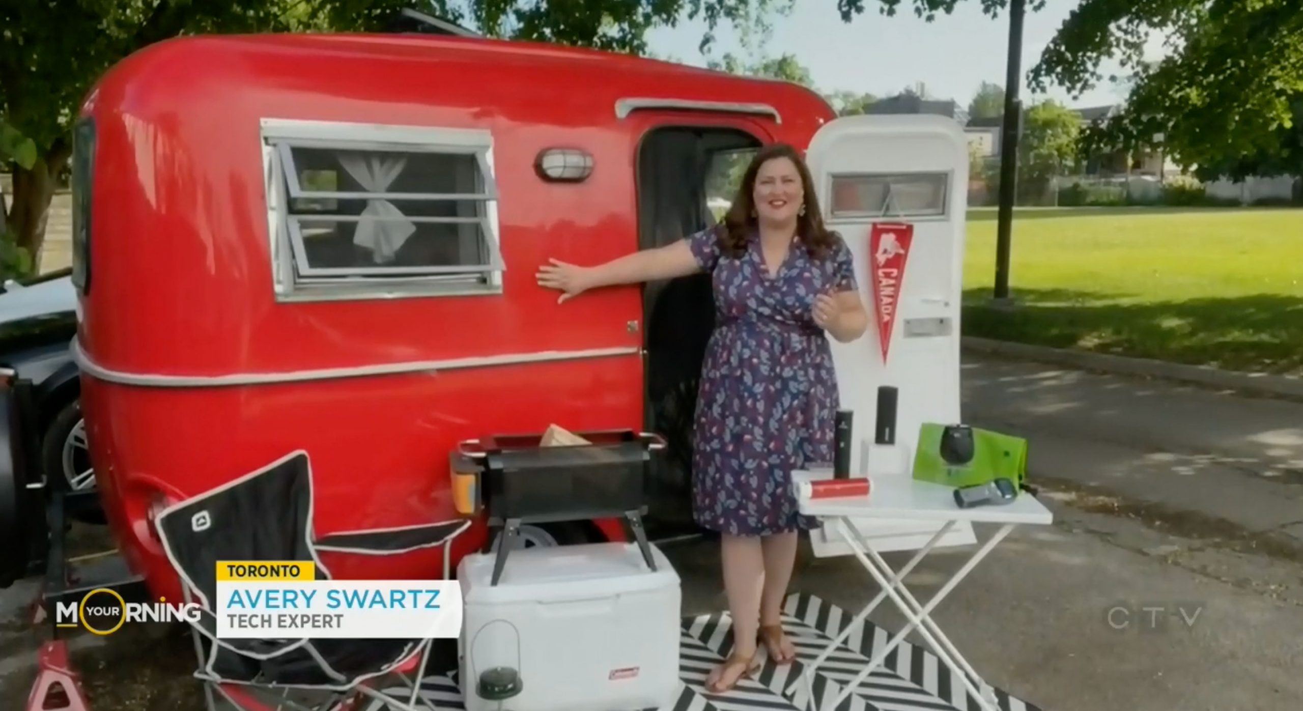 Avery Swartz stands in front of her Boler camping trailer on CTV Your Morning