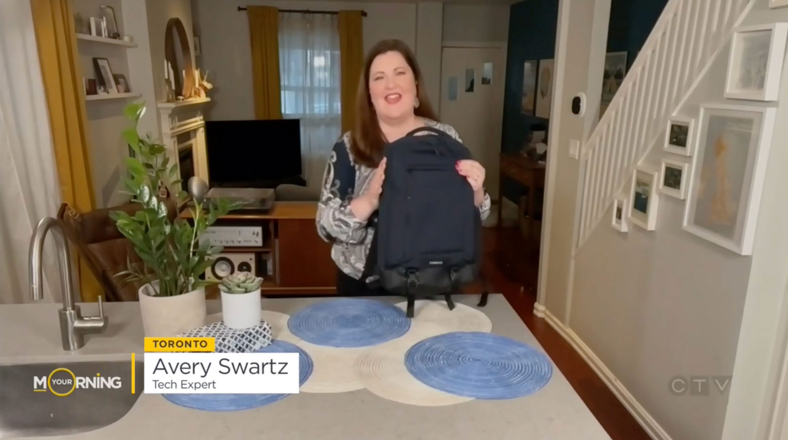 Avery Swartz demonstrates the Timbuk2 Authority Laptop Backpack on CTV Your Morning